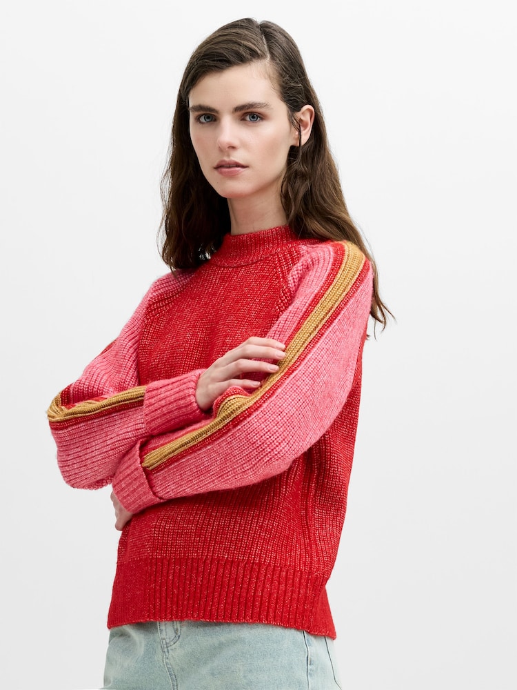 French Connection Red Kessy Tri Colour Raglan Jumper - Image 1 of 5 French Connection Red Kessy Tri Colour Raglan Jumper - Image 1 of 5
