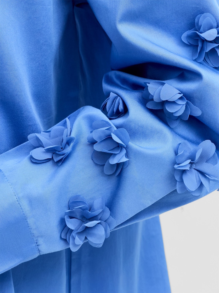 French Connection Blue Alexis Cotton 3D Flower Pleated Back Shirt - Image 2 of 6
