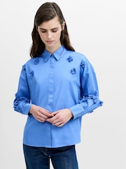 French Connection Blue Alexis Cotton 3D Flower Pleated Back Shirt - Image 3 of 6