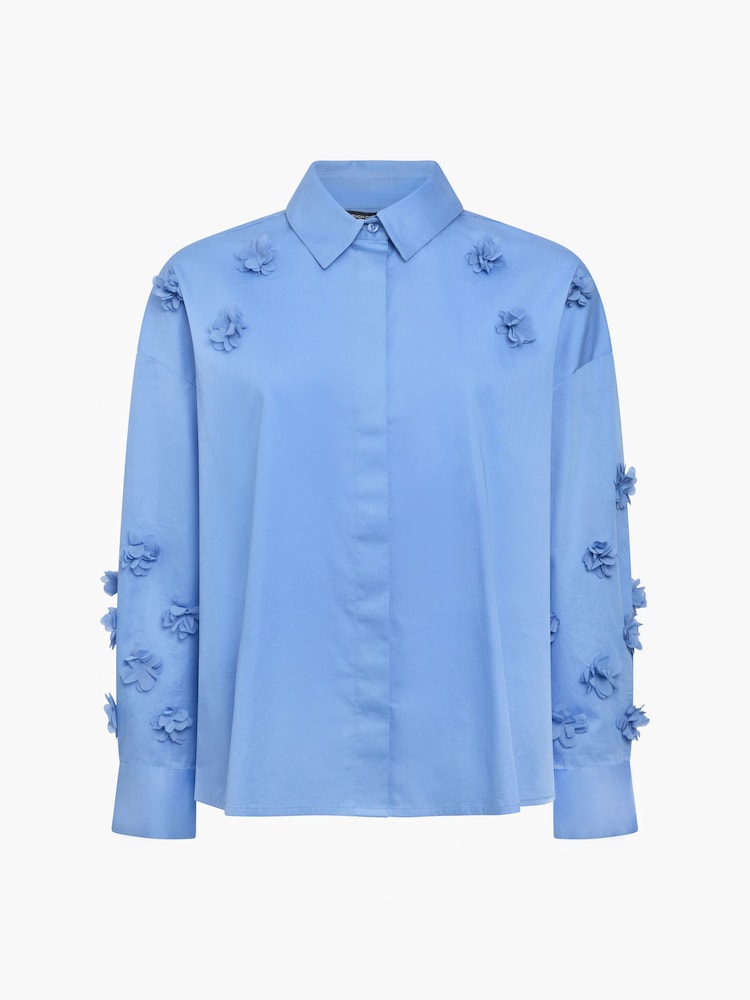 French Connection Blue Alexis Cotton 3D Flower Pleated Back Shirt - Image 6 of 6