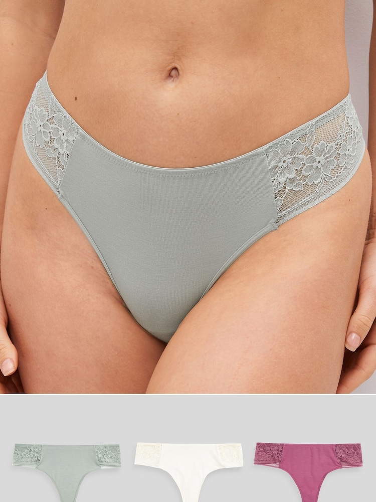 Cream/Pink/Sage Green Thong Modal & Lace Knickers 3 Pack - Image 1 of 1