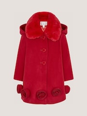 Monsoon Red Baby Faux Fur Collar Rosette Coat - Image 1 of 3