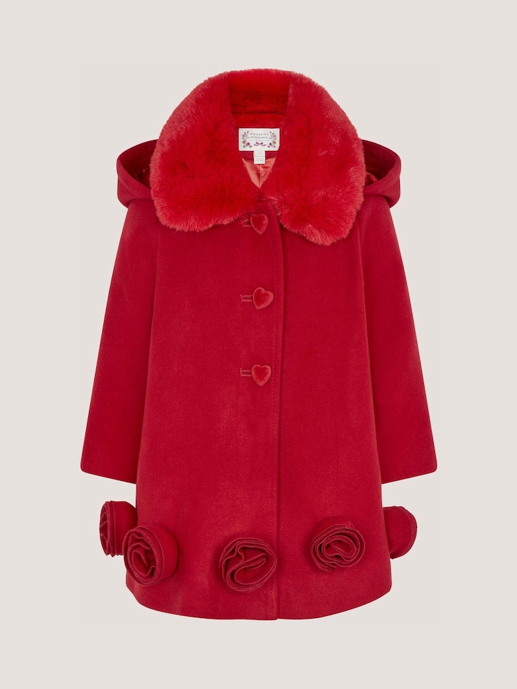 Monsoon Red Baby Faux Fur Collar Rosette Coat - Image 1 of 3