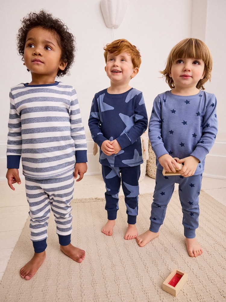 Blue/White Stars 3 Pack Snuggle 100% Cotton Pyjamas (9mths-10yrs) - Image 1 of 10 Blue/White Stars 3 Pack Snuggle 100% Cotton Pyjamas (9mths-10yrs) - Image 1 of 10