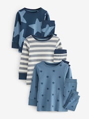 Blue/White Stars 3 Pack Snuggle 100% Cotton Pyjamas (9mths-10yrs) - Image 2 of 10