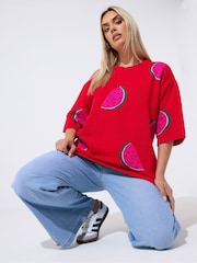 Yours Curve Red Limited Knitted Boxy Top - Image 1 of 5
