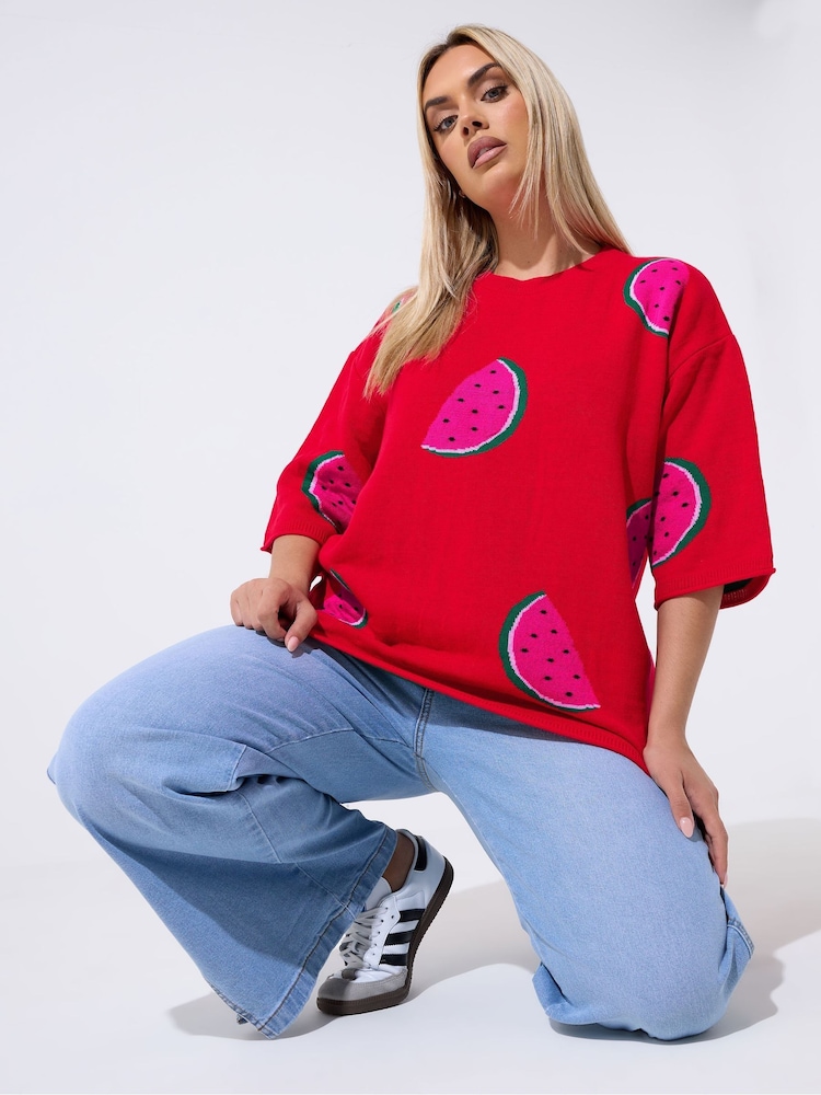 Yours Curve Red Limited Knitted Boxy Top - Image 1 of 5 Yours Curve Red Limited Knitted Boxy Top - Image 1 of 5