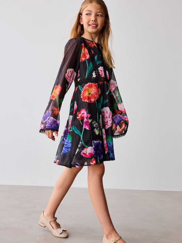 Baker by Ted Baker Floral Chiffon Black Dress - Image 1 of 12