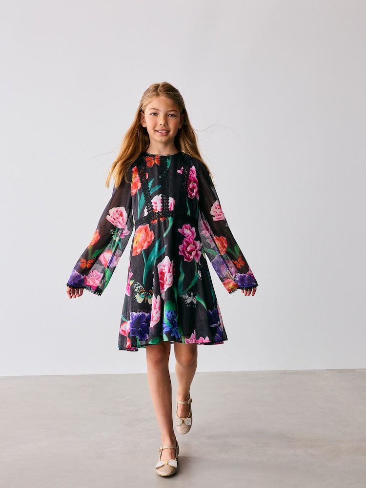 Baker by Ted Baker Floral Chiffon Black Dress - Image 2 of 12