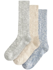 Grey/Ecru/Blue Cotton Rich Slub Slouch Ankle Socks 3 Pack - Image 1 of 5