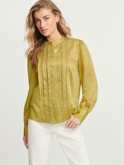 Green Ladder Pleated Long Sleeve Blouse - Image 1 of 6