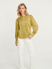 Green Ladder Pleated Long Sleeve Blouse - Image 2 of 6
