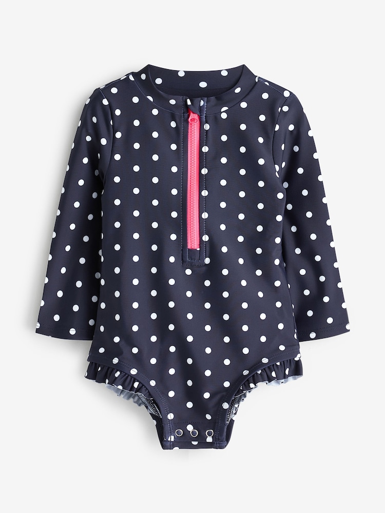 Gap Navy Blue Polka Dot Baby Long Sleeve Zip Swimsuit (Newborn-5yrs) - Image 1 of 1 Gap Navy Blue Polka Dot Baby Long Sleeve Zip Swimsuit (Newborn-5yrs) - Image 1 of 1