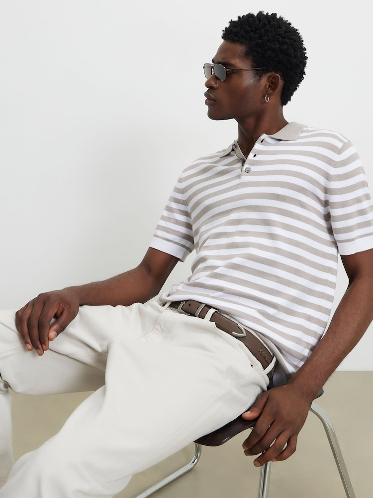 River Island Natural Slim Fit Knitted Stripe Polo Shirt - Image 1 of 4