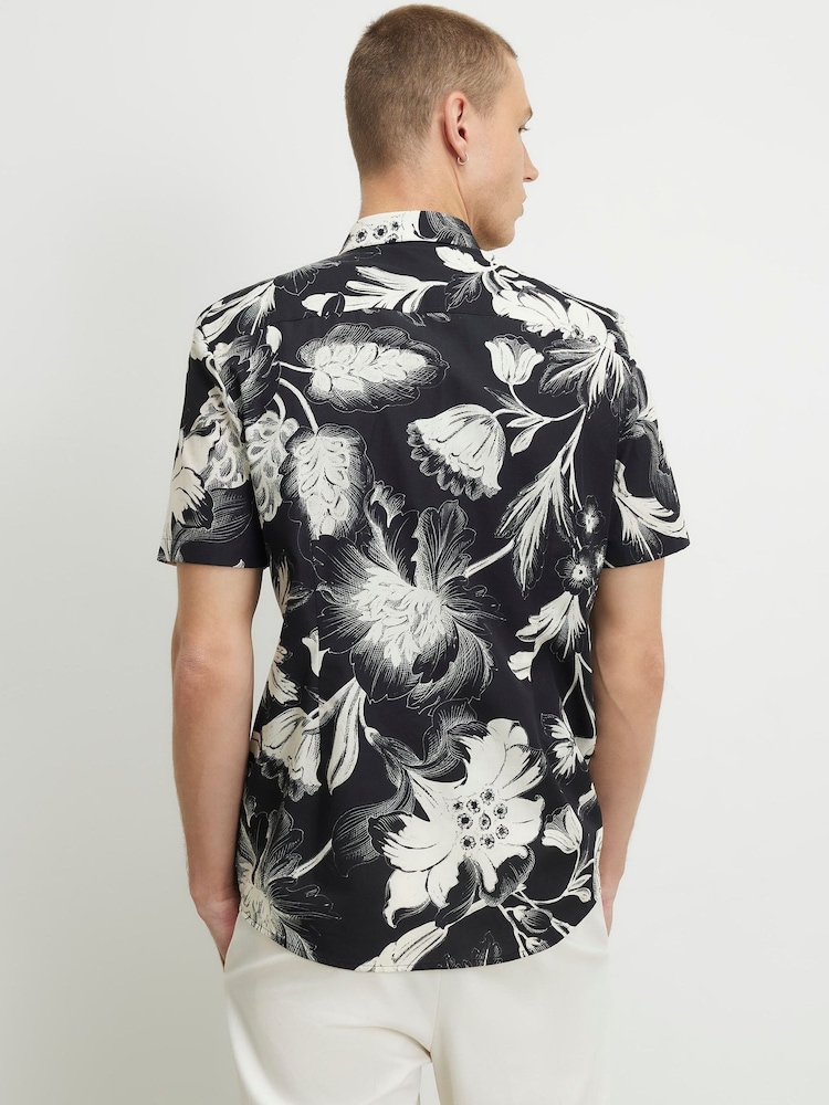 River Island Black Slim Fit Floral Print Shirt - Image 2 of 4 River Island Black Slim Fit Floral Print Shirt - Image 2 of 4