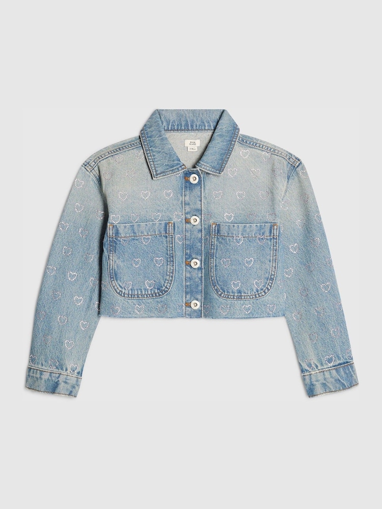 River Island Blue Heart Embellished Denim Jacket - Image 1 of 4