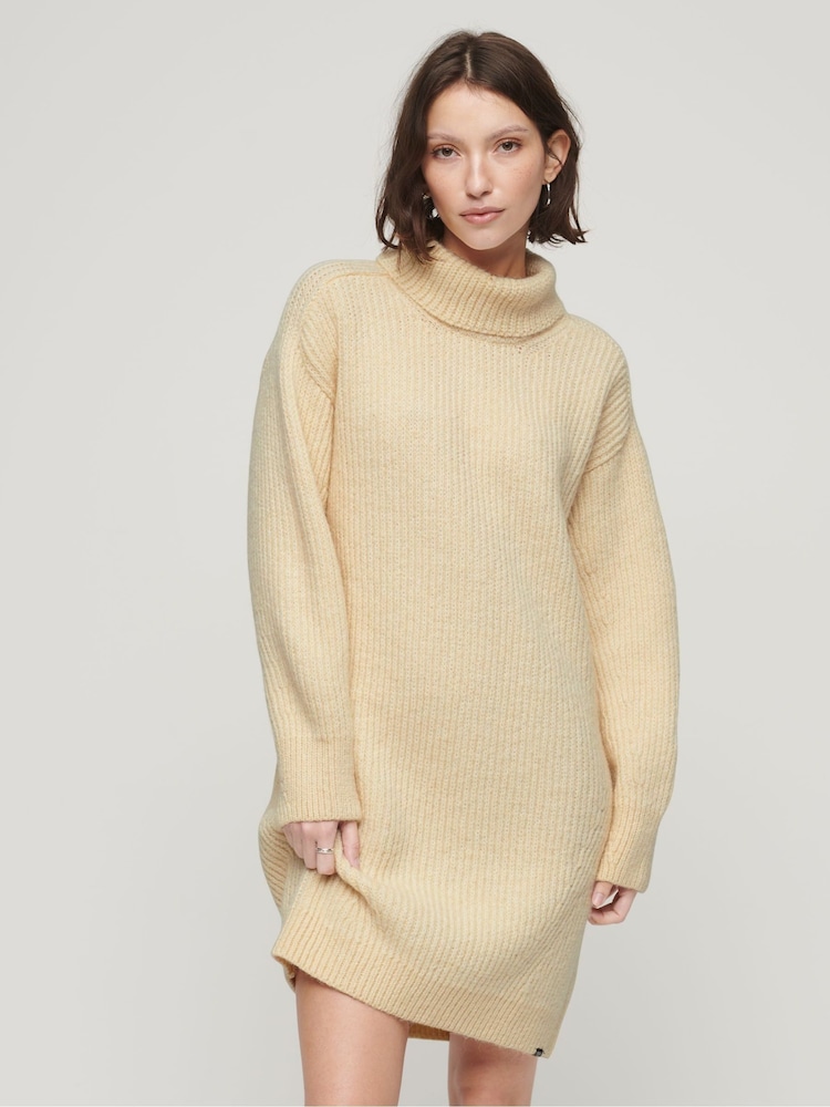 Superdry Brown Knitted Roll Neck jumper Dress - Image 1 of 7 Superdry Brown Knitted Roll Neck jumper Dress - Image 1 of 7