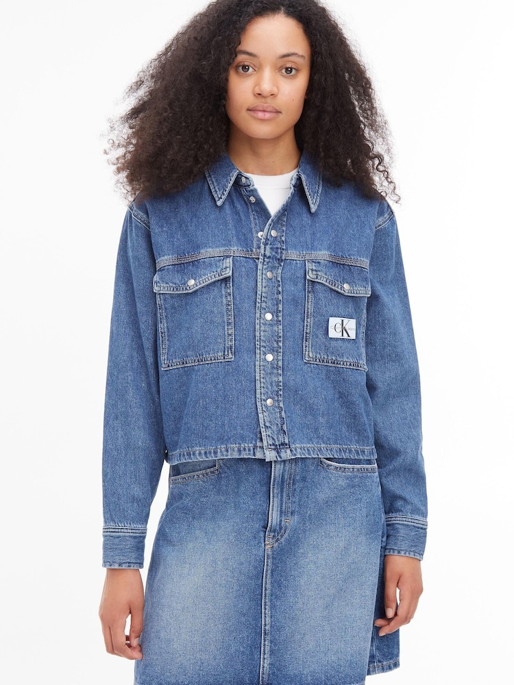 Calvin Klein Jeans Blue Cropped Utility Denim Shirt - Image 1 of 6