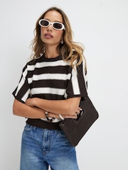 River Island Dark  Brown Knitted Striped Short Sleeve T-Shirt - Image 1 of 4