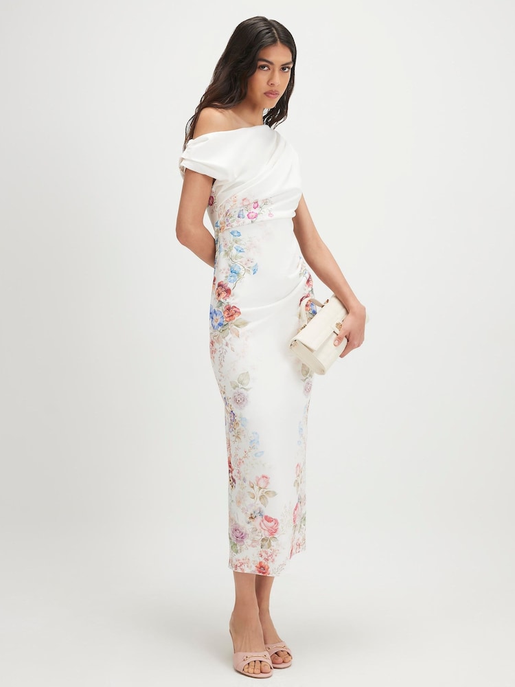 River Island Cream Floral Print Drape Midi Dress - Image 1 of 4 River Island Cream Floral Print Drape Midi Dress - Image 1 of 4