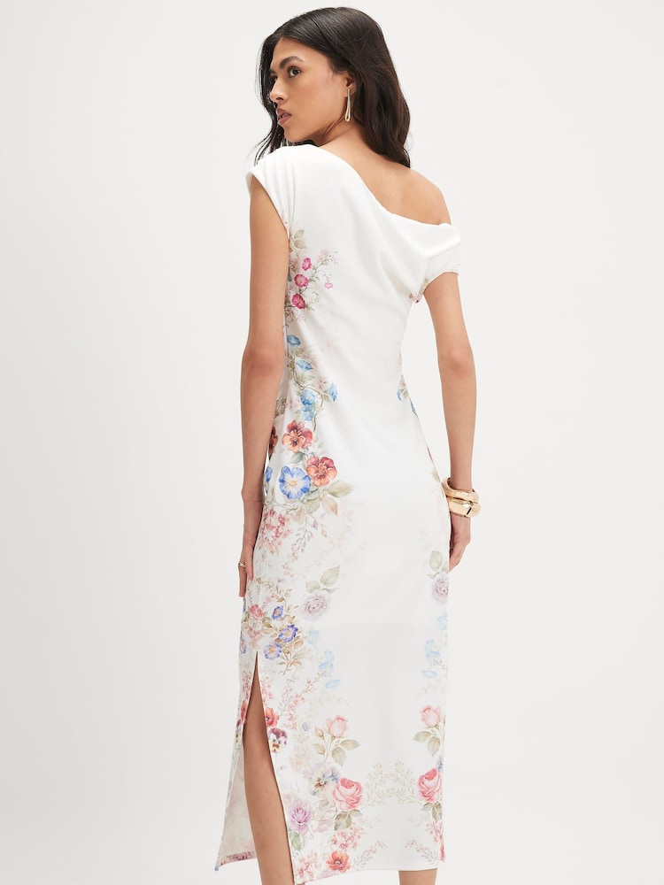 River Island Cream Floral Print Drape Midi Dress - Image 2 of 4 River Island Cream Floral Print Drape Midi Dress - Image 2 of 4