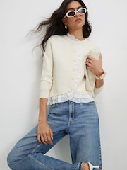 River Island Cream Frill Trim Fine Knit Cardigan - Image 1 of 4