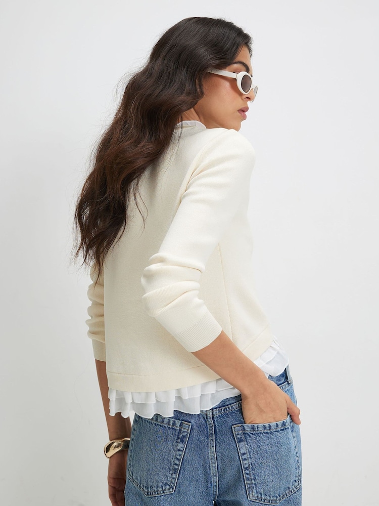 River Island Cream Frill Trim Fine Knit Cardigan - Image 2 of 4 River Island Cream Frill Trim Fine Knit Cardigan - Image 2 of 4