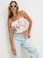 River Island Cream Floral Print Frill Crop Top - Image 1 of 4