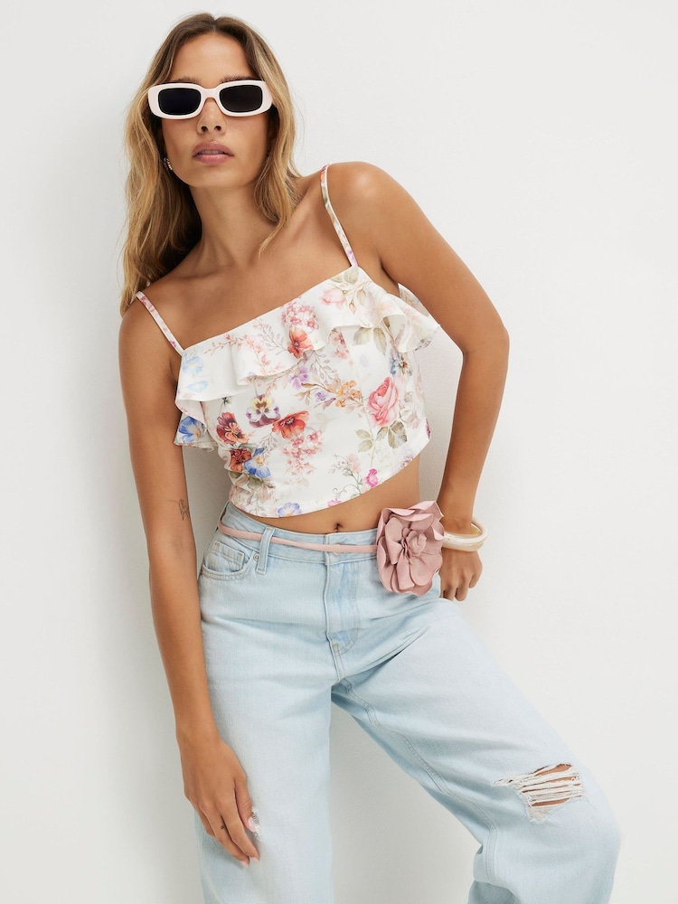 River Island Cream Floral Print Frill Crop Top - Image 1 of 4 River Island Cream Floral Print Frill Crop Top - Image 1 of 4