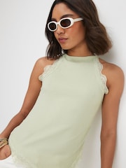 River Island Green Lace Trim Textured Halter Neck Top - Image 2 of 4