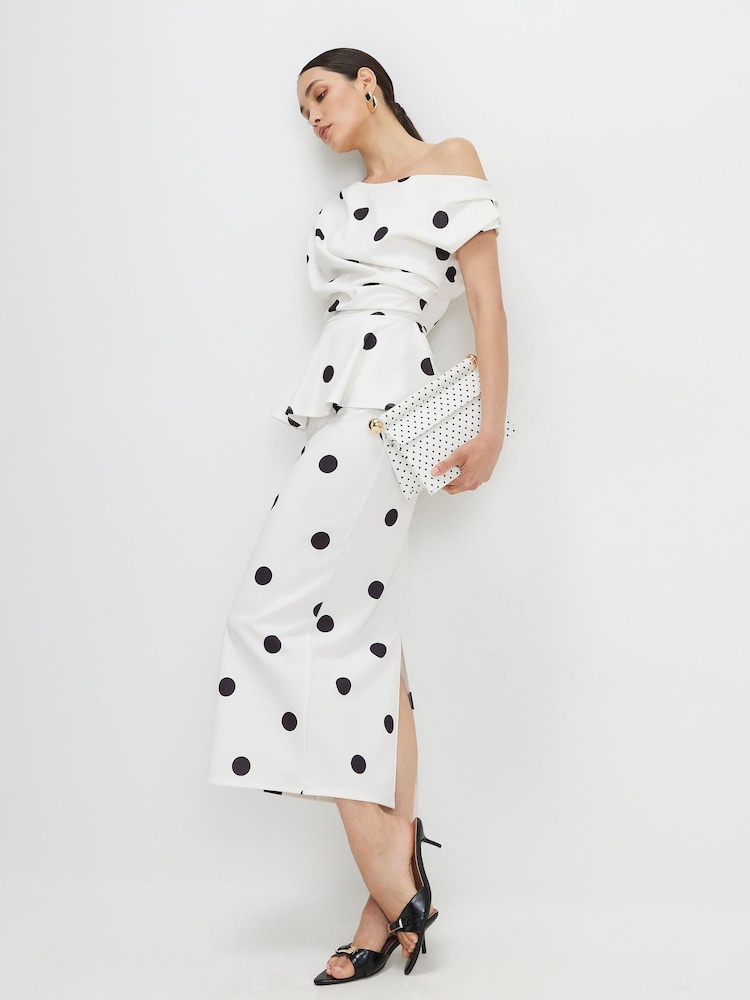 River Island White Peplum Polka Dot Midi Dress - Image 1 of 4 River Island White Peplum Polka Dot Midi Dress - Image 1 of 4