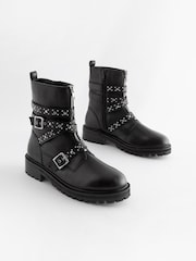 Черный - Кожаные байкерские ботинки с® плетеными шпильками/стразами Forever Comfort® - Изображение 1 из 5