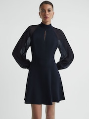 Reiss Navy Perry Sheer Blouson Sleeve Mini Dress - Image 1 of 4