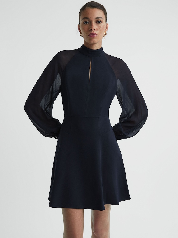 Reiss Navy Perry Sheer Blouson Sleeve Mini Dress - Image 1 of 4