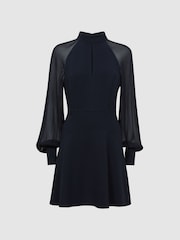 Reiss Navy Perry Sheer Blouson Sleeve Mini Dress - Image 2 of 4