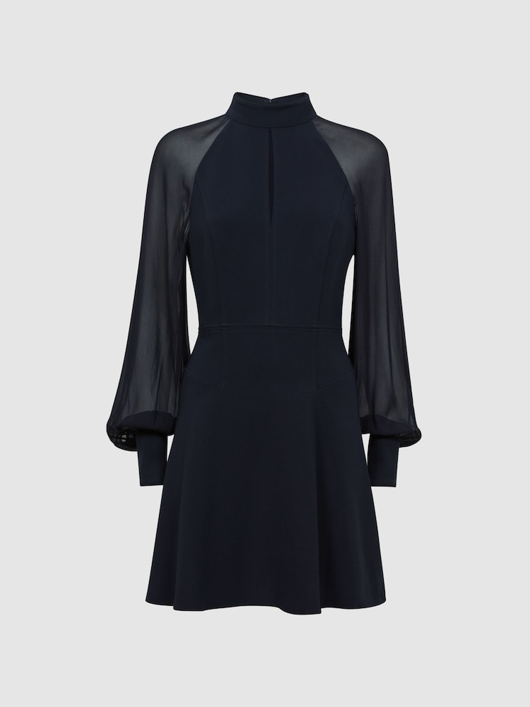 Reiss Navy Perry Sheer Blouson Sleeve Mini Dress - Image 2 of 4