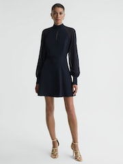 Reiss Navy Perry Sheer Blouson Sleeve Mini Dress - Image 3 of 4