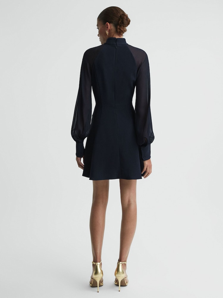 Reiss Navy Perry Sheer Blouson Sleeve Mini Dress - Image 4 of 4