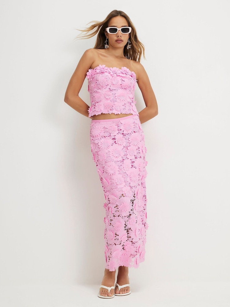 River Island Pink Floral Lace Midi Pencil Skirt - Image 2 of 4