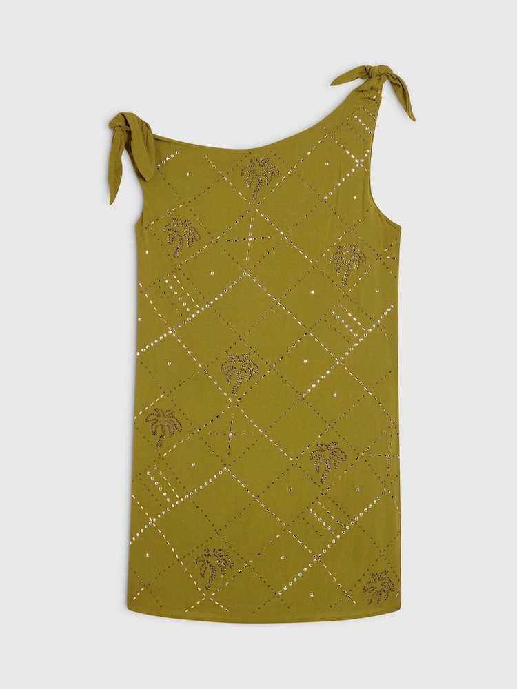 River Island Green Palm Embellished Asymmetric Mini Dress - Image 1 of 1 River Island Green Palm Embellished Asymmetric Mini Dress - Image 1 of 1