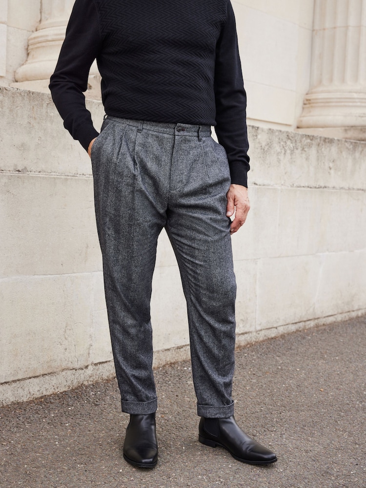 Grey Herringbone Relaxed Tapered Nova Fides Italian Fabric Trousers With Wool - Image 1 of 1
