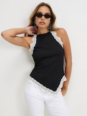 River Island Black Lace Trim Textured Halter Neck Top - Image 1 of 4