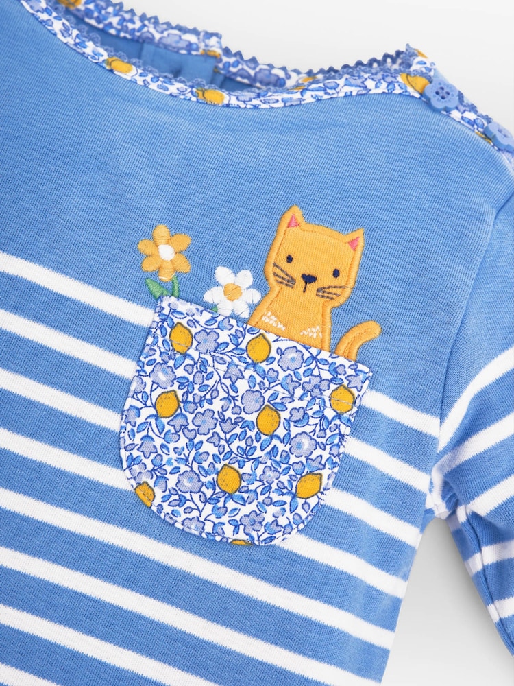 JoJo Maman Bébé Blue Girls Cat Pocket Breton Top - Image 3 of 3