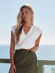 White Linen Blend Button Down Relaxed Sleeve Top - Image 1 of 6