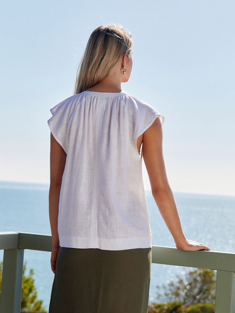 White Linen Blend Button Down Relaxed Sleeve Top - Image 2 of 6