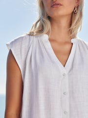 White Linen Blend Button Down Relaxed Sleeve Top - Image 3 of 6