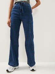 bleu foncé - Pantalon de jogging confortable en jean brossé à jambes larges - Image 1 of 5