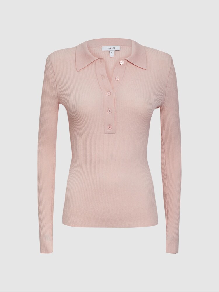 Reiss Blush Sienna Ribbed Space Wool Polo Shirt - Image 10 of 10 Reiss Blush Sienna Ribbed Space Wool Polo Shirt - Image 10 of 10