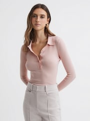 Różowawy - Reiss Sienna Ribbed Space Wool Polo Shirt - Image 3 of 5