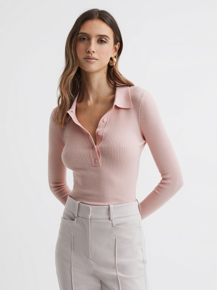 Różowawy - Reiss Sienna Ribbed Space Wool Polo Shirt - Image 3 of 5